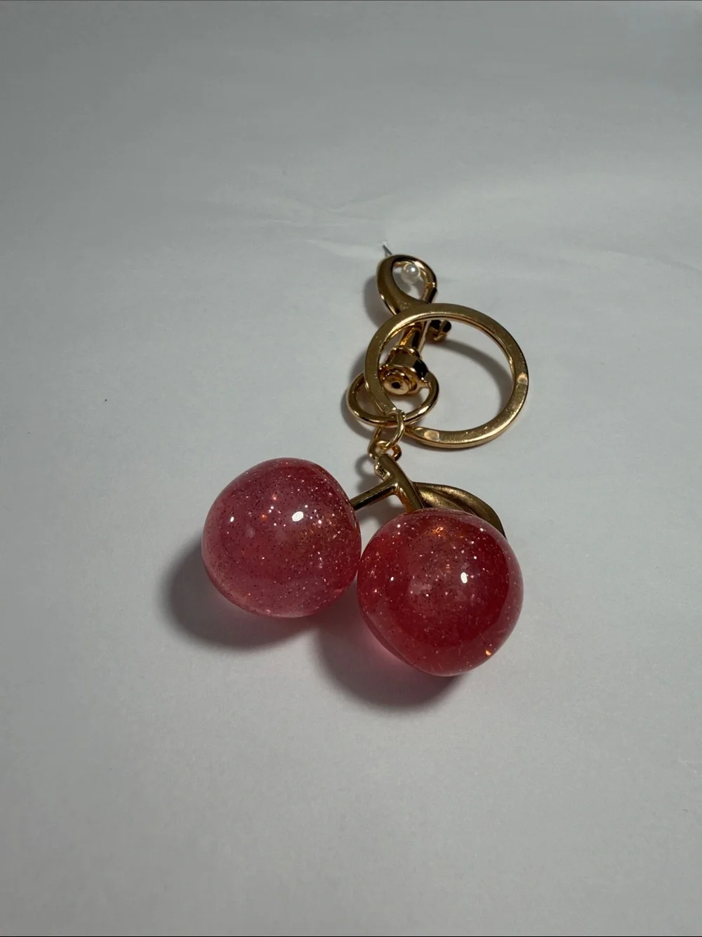 Gold Cherry Pendant Keychain - Pink Glitter Cherries